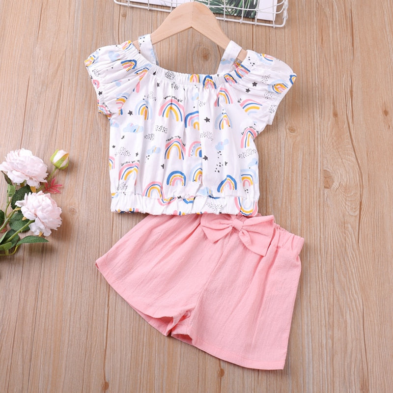 Summer Thin Suit Flower Sling Top+Denim Shorts 2Pcs Clothing Sets