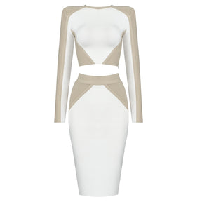 Trendy Color Block Two Pieces Suit Long Sleeves Celebrity Party Club Bandage Tops Skirt Set