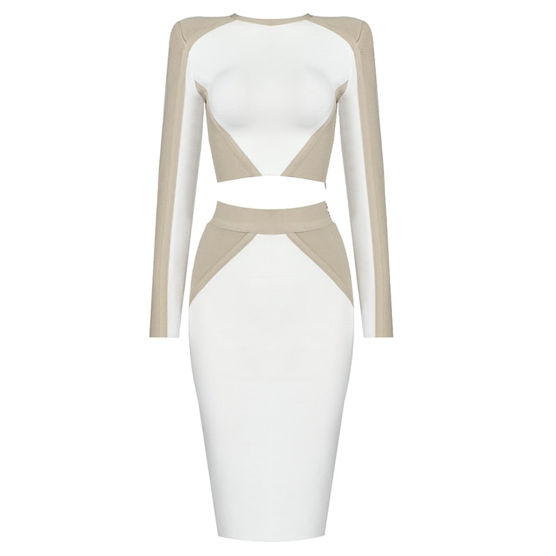 Trendy Color Block Two Pieces Suit Long Sleeves Celebrity Party Club Bandage Tops Skirt Set