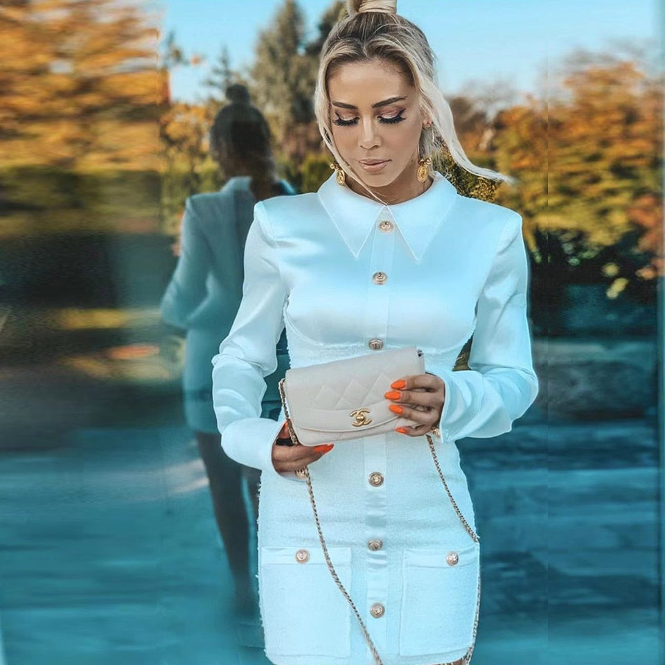 New White Long Sleeve Dress Autumn Winter Gold Button Buckle Pocket Satin Woolen Splicing Office Ladies Women Dress High Quality