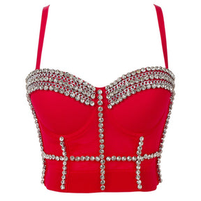 Sexy Black Beading Bra Camis Tank Top with Rhinestone Bling Women Corset Underwear Party Club Red White Vest Tops High Quality