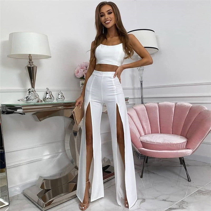 Pants Women Sexy Midnight High Slit Flare Pants Women Bottoms White Black High Waist Trousers Female Bell Bottoms Casual