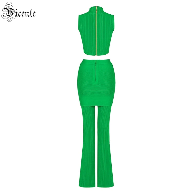 VC Green Fake Two-piece Hakama Women&#39;s Sleeveless Stand-up Collar Cropped Blouse And Two-piece Trousers