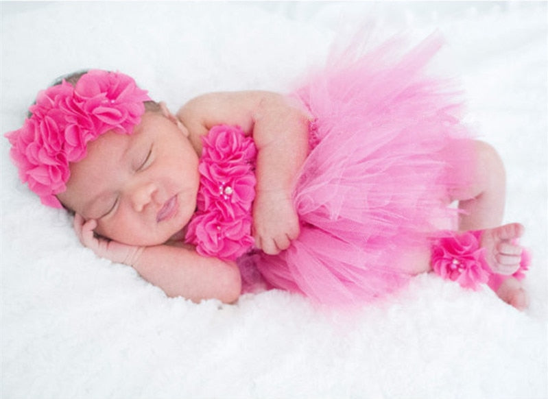 Baby Girls Pink Flower Crochet Tutu Dress Girls Tulle Dress with Hairbow and Foot Rings Set Newborn Birthday Party Costume Dress