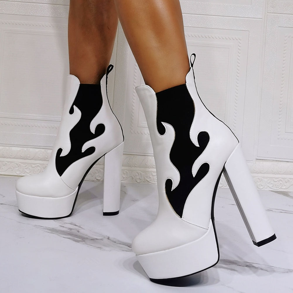 Platform High Heel Ankle Boots Goth Cool Black Print Zipper