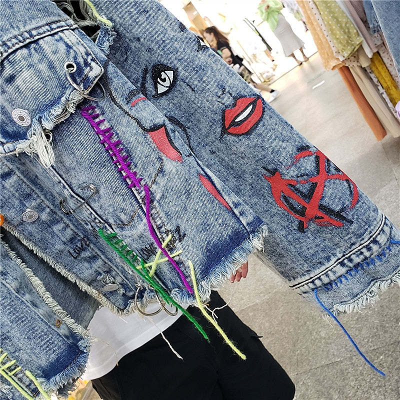 Fashion Rivet Graffiti Holes Denim Jacket Coat Women Outerwear Streetwear Loose Short Jeans Jacket