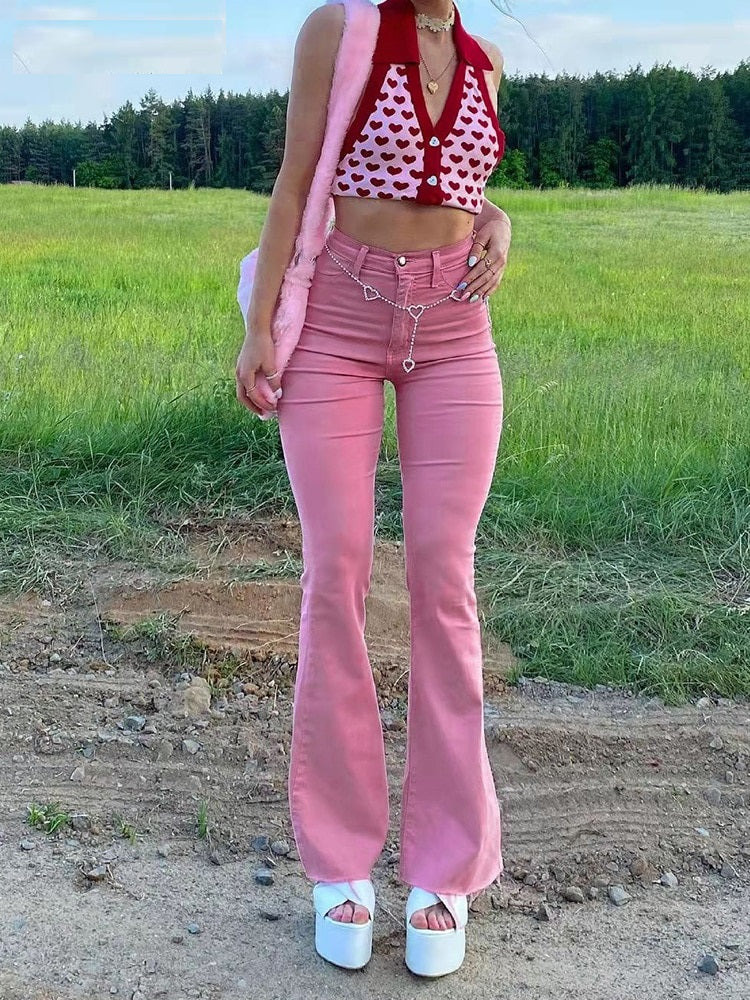 Streetwear  Flared Jeans Women High Waist 90S Fashion Pink Stretch Baggy Mom Jeans Wide Leg Pants Elegant Denim Trousers