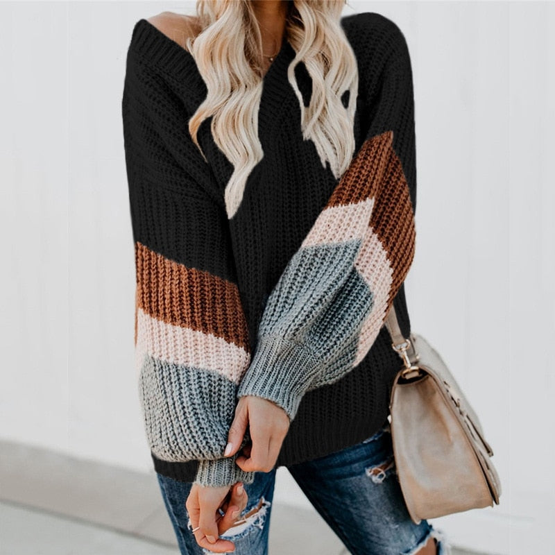 Fashion Knit Sweater Women Elegance V-neck Lantern Sleeve Winter Pullover Loose Oversized Striped Streetwear