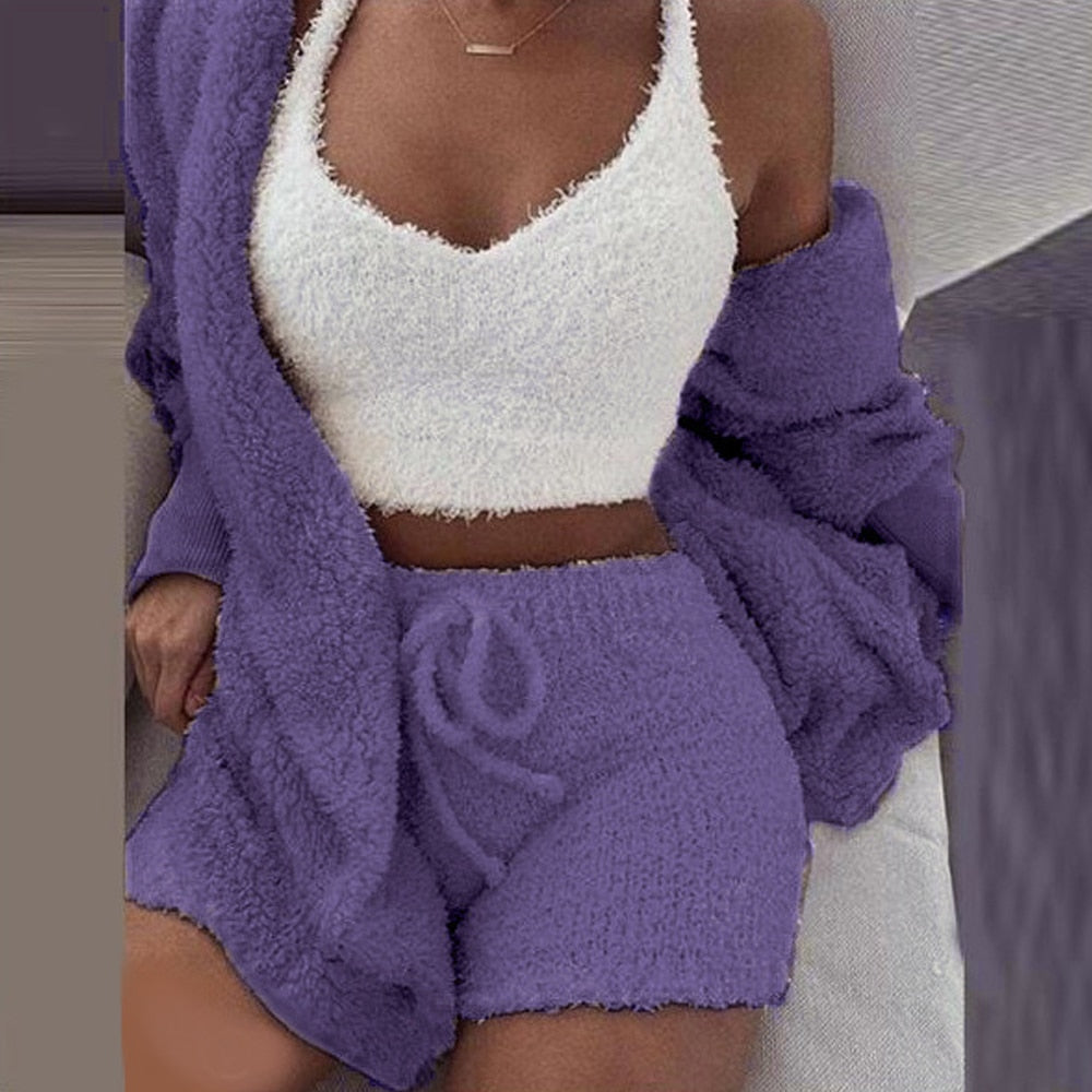 3PCS Pajama Set Women Sexy Fluffy Suit Velvet Plush Robe Set Soft Warm Sleeveless Sweater Loungewear