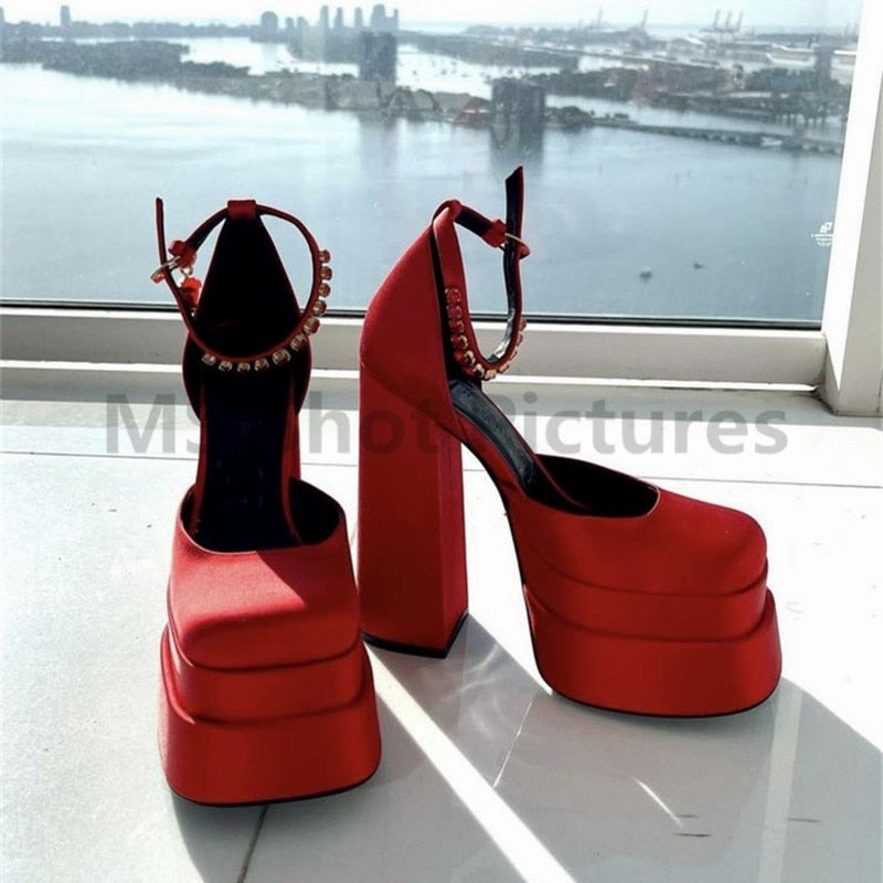 Luxury Brand Women High Heesl Shoes Sexy Thick Heel Platform Shoes Square Toe Rhinestone Pumps