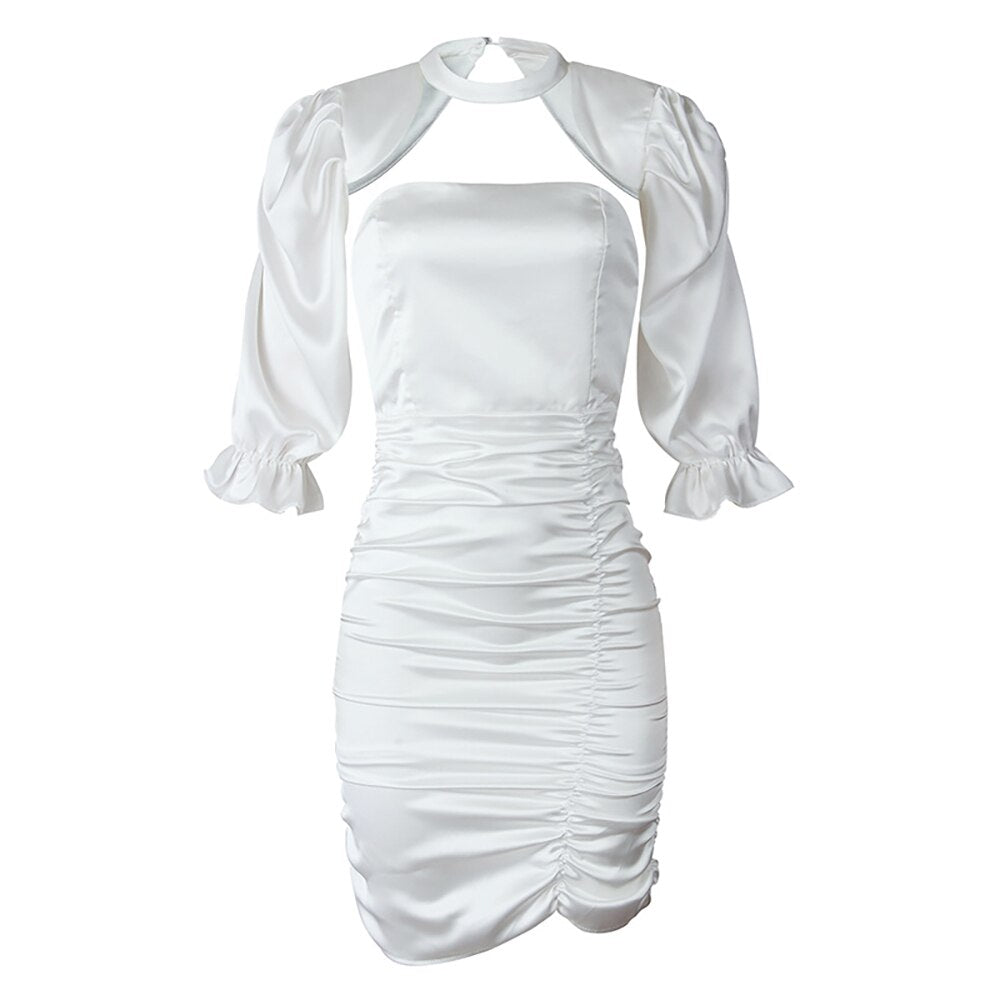 White Women Sheath Dress French Style Puff Sleeve A-line Dress Sleeve Pleated Mini Dresses Women Elegant Party Mini Dress