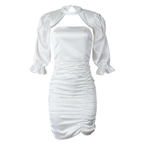 White Women Sheath Dress French Style Puff Sleeve A-line Dress Sleeve Pleated Mini Dresses Women Elegant Party Mini Dress