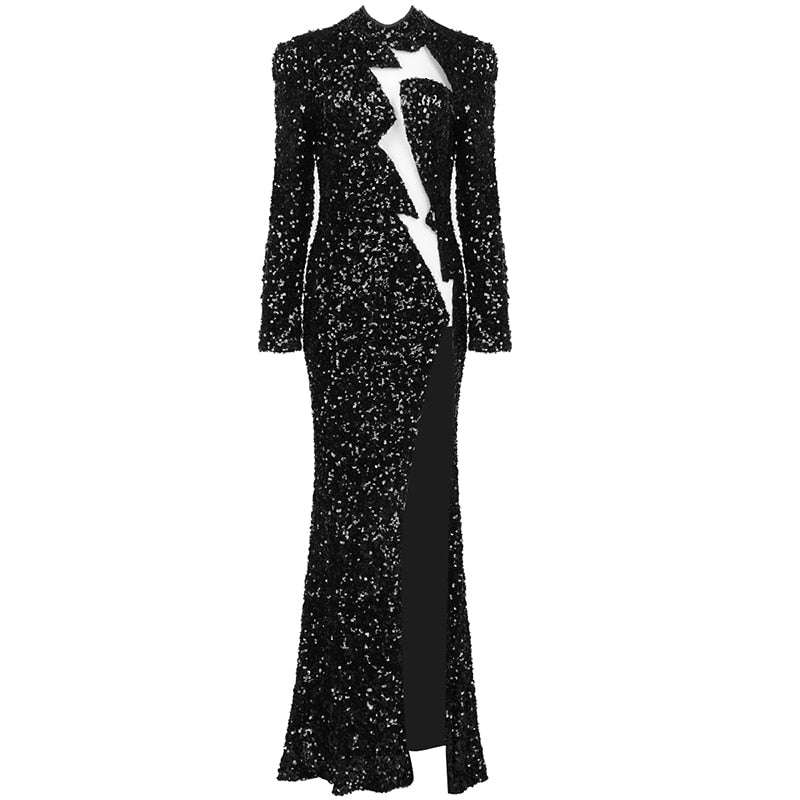 Trendy Black Sequins Long Sleeves Voile Splicing Celebrity Party Club Maxi Long Dress