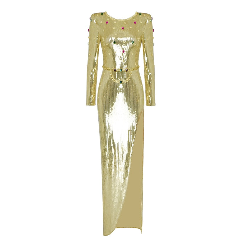 Gold Sequins Long Dress For Women Beaded Orange Diamonds Long Sleeve Round Neck Party Dress