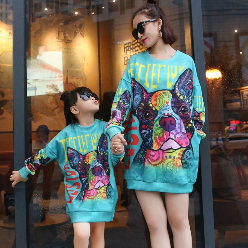 Mother and Daughter Autumn Dress Family Matching Outfits Mommy and Me Clothes Family Cartoon Long Sleeve Sweatshirt Dress 3-8Y