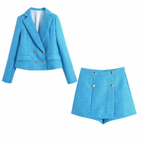 Two Piece Set Women Suit  Long Sleeve Texture Cropped Blazer Jacket With Shorts Office High Waist Shorts Sets