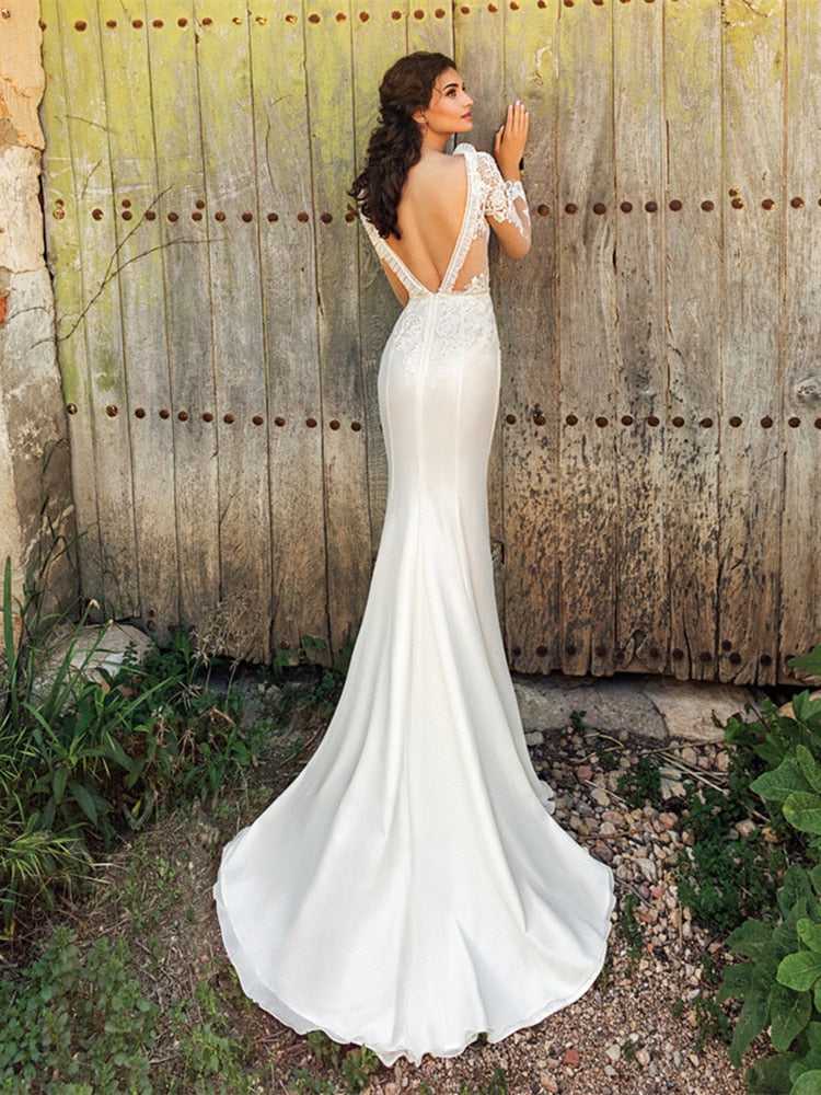 High Neck Long Sleeve Mermaid Wedding Gown  Lace Applique Backless For Women Satin Robe De Mariée Custom Made Bridal Dress