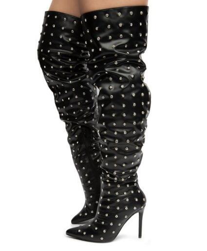 New Arrival Woman Fashion Black Cow Leather Rivets Thigh Boots Pointed Toe High Heel Over The Knee Boots Lady