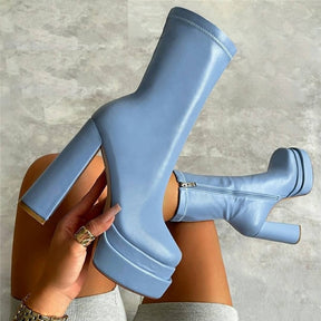 Sexy Chunky High Heels Ankle Shoes For Women Punk Style Zipper Thick Platform Elasticity Microfiber Boots Sapatos Femininos