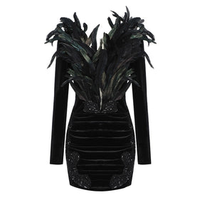 Dresses Women Feather Beaded Sequin Decorative Design Long Sleeve Draped Black V-Neck Short Velvet Dress