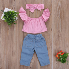 3Pcs Toddler Baby Girl Clothes Pink Off Shoulder Tops Ripped Denim Pants Jeans Headband Kids Summer Outfits Set