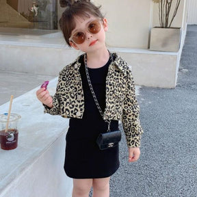 2022 Spring New Coat Dress 2 Pieces Set Leopard Print Jacket Black Dress Kids Girls Clothes Outfits