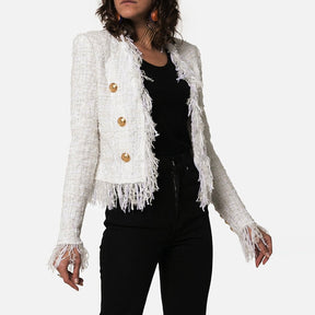 White Tweed Jacket suits Women New Autumn Winter woolen Cloth Fringed Tassel Long Sleeve