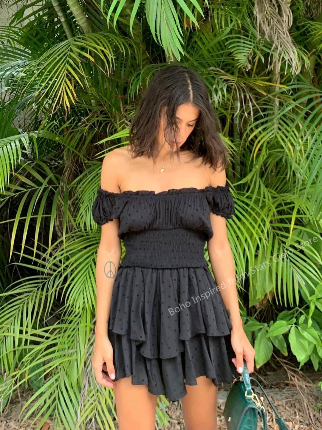 Boho Inspired shirred ruffled neckline tiered mini summer dress rayon black sexy women dress cute puff sleeve boho dress new