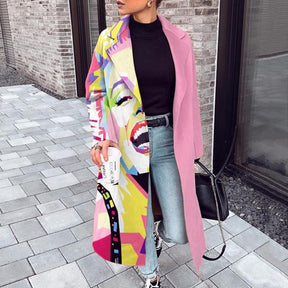 Long Wool Coat Women New Autumn and Winter Long Lapel Print Coat Women Long-sleeved Loose Windbreaker Coat