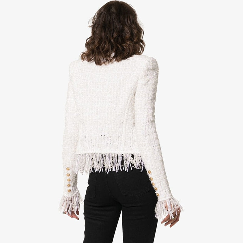 White Tweed Jacket suits Women New Autumn Winter woolen Cloth Fringed Tassel Long Sleeve