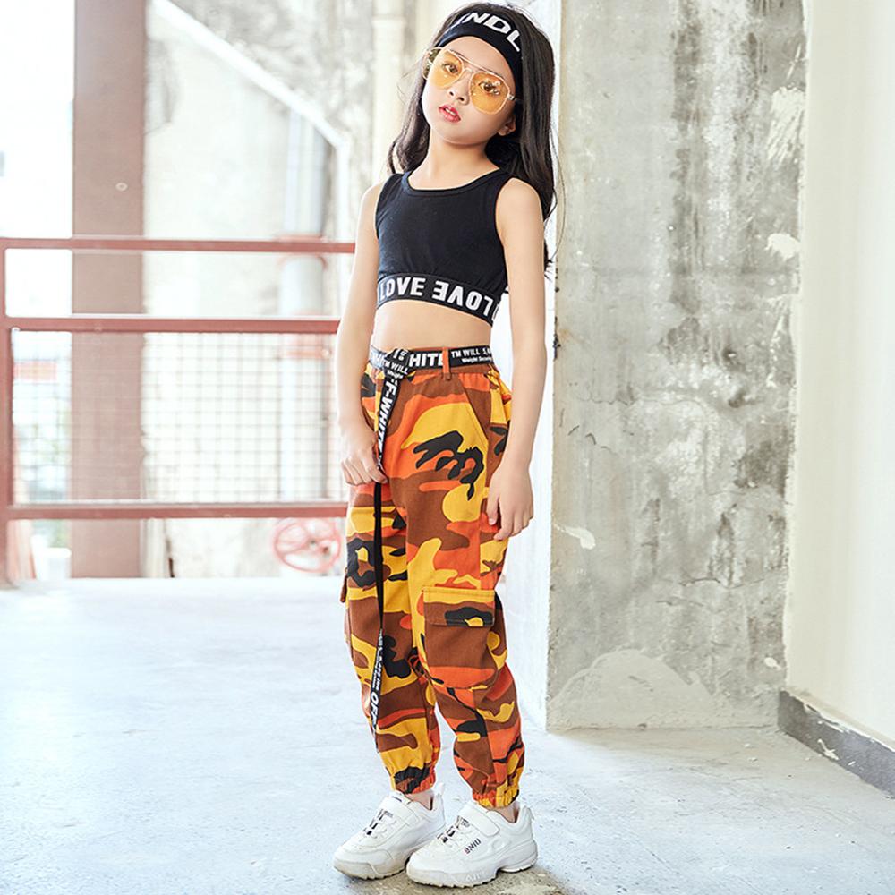 Girls Hip Hop Street Dance Solo Clothes Cropped Tank Top/Camouflage Jogger Pants