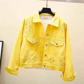 Denim Jacket Spring Autumn Short Coat Pink Jean Jackets Casual Tops White Purple Yellow Diamond Loose Outerwear