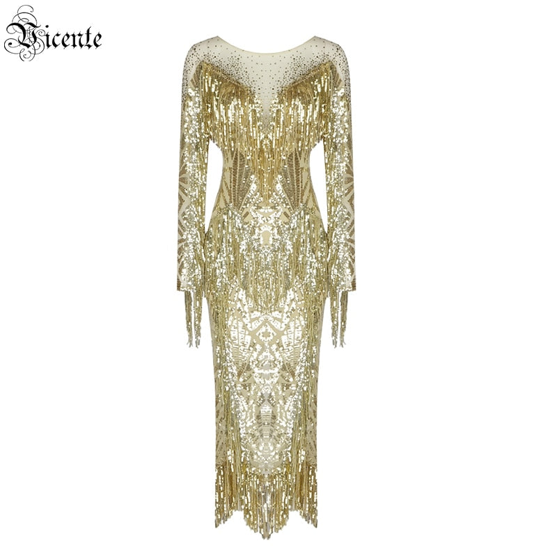 New Dress For Ladies Gold Sequin Tassel Hot Diamond Design Long Sleeve Round Neck Medium Long Dress