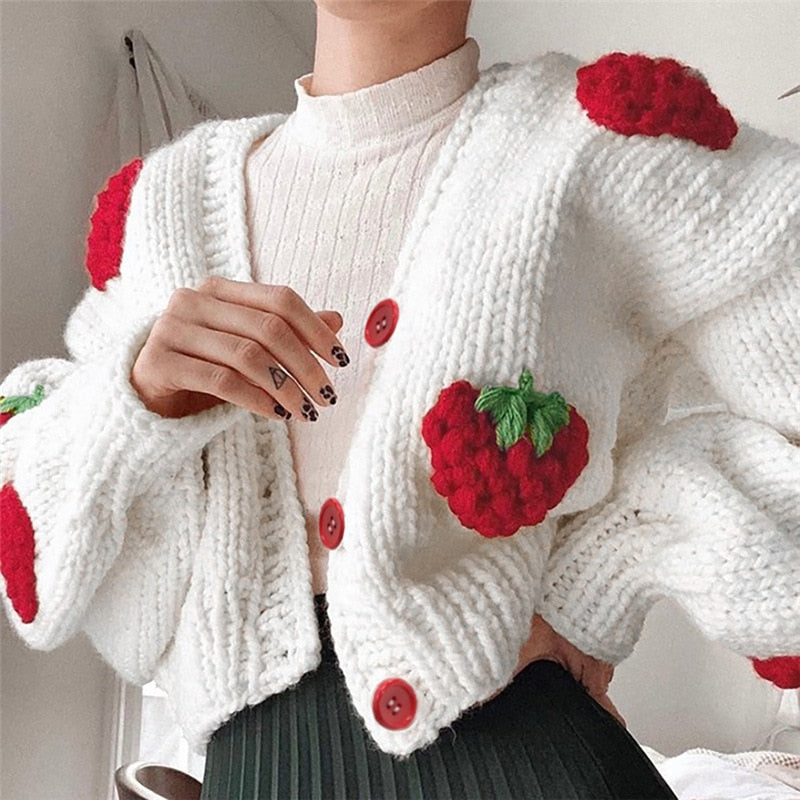 Casual Autumn Sweater White Women Knit Strawberry Warm Cardigan Femme Top V Neck Lantern Sleeves Gilrs Streetwear