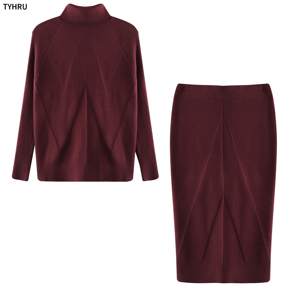 TYHUR Autumn Women&#39;s Knitting Costume Turtleneck Solid Color Pullover Sweater + Slim Skirt Two-Piece Set