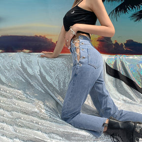 High Waist Hollow Out Chain Design Slim Jeans Woman Leisure Streetwear Commute High Quality Strgight Pants