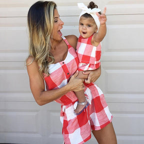 Mother and Daughter Clothes Plaid Sleeveless Mom Daughter Jumpsuits Fashion Mommy and Me Clothes