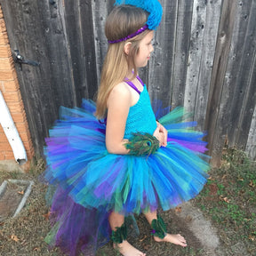 Girls Peacock Feather Trailing Tutu Dress Kids Crochet Tulle Dress with Flower Hairbow Children Cosplay Party Costume Dresses