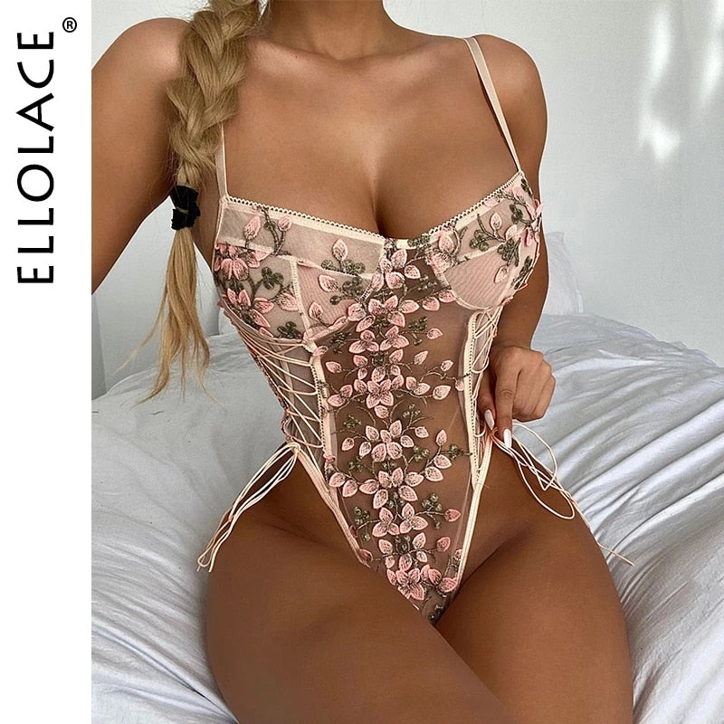 Floral Embroidery Bodysuit Women Lace Up Bandage Bodies Sexy Sleeveless Bodycon Transparent Lingerie Mesh Bodysuits Top