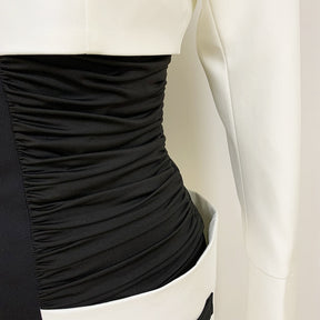 White Long Sleeve Dress Women Broad Shoulders Black White Matching Shirt Collar High Waist Dress High Quality