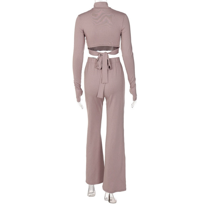 Loungewear Sets Suits Tracksuit Women Two Piece Pants Set Fashion Lace Up Crop Top and Wide Leg Pants Matching Set 2PCS