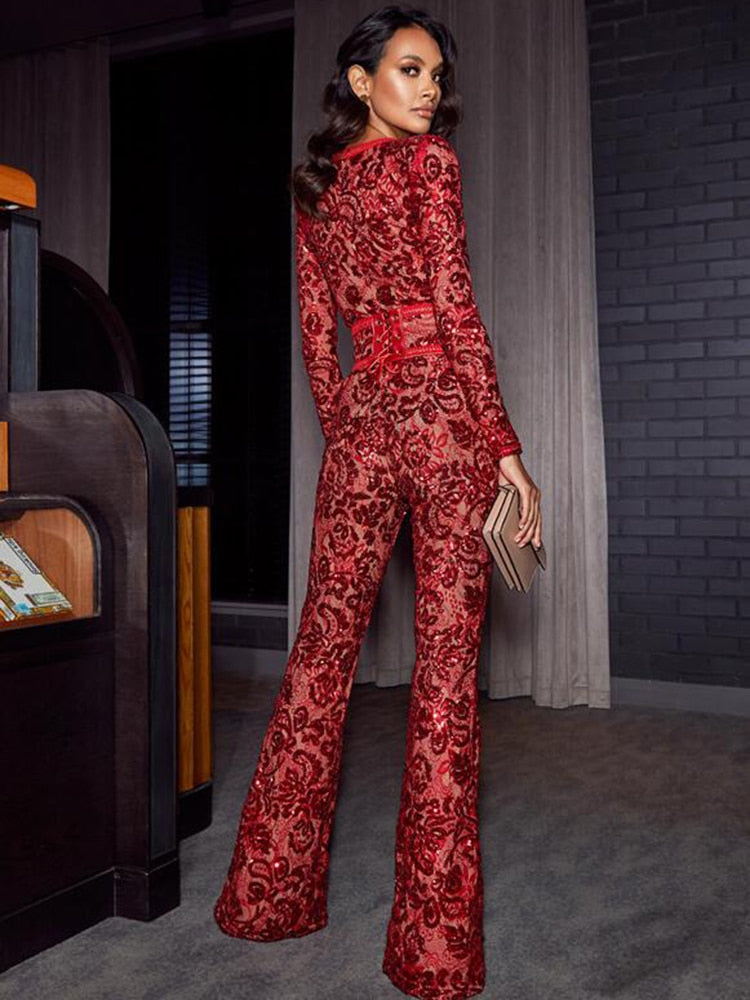 Goregous Floral Sequins Long Sleeves Sashes Design Celebrity Party Club Bandage Romper