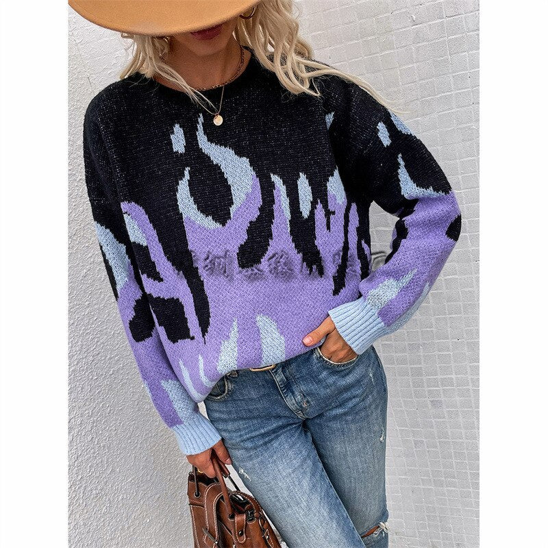 Flame Printed Knitted Sweaters Women  Round Neck Winter Oversized Streetwear Warm Long Sleeve Vintage Pullovers Tops