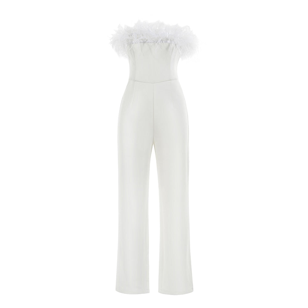 White Jumpsuit For Women Feather Decoration Design Sleeveless Straight Trousers