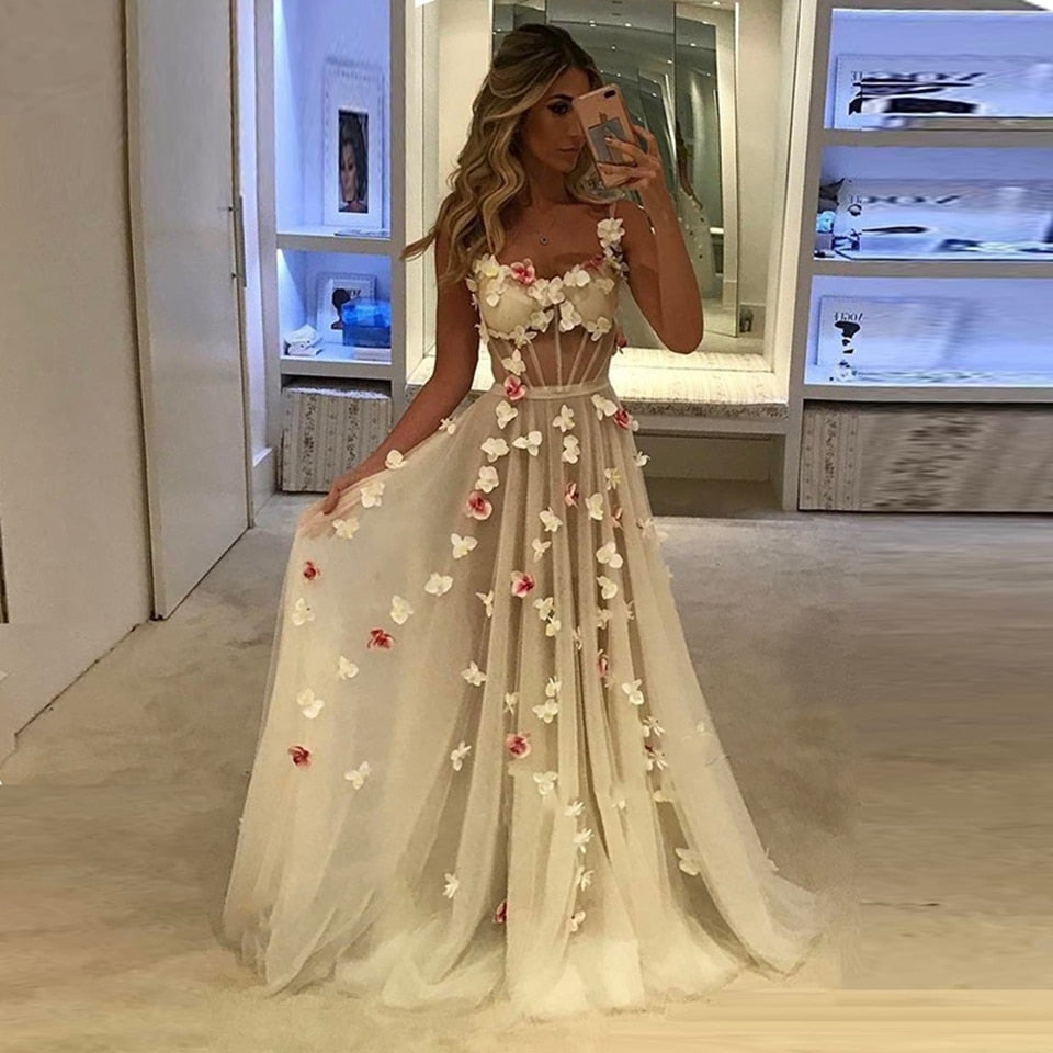 Ivory Prom Dresses Women Party Night Long Vestidos De Gala Elegant Evening Gowns Spaghetti Straps Flowers Robe De Soiree