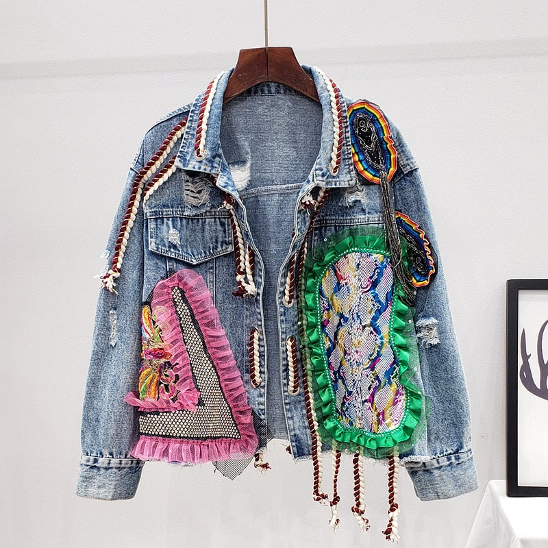 Spring Autumn Streetwear Patchwork Print Frayed Diamonds Denim Jacket Women Mesh Lace Up Short Casual Jean Coat Female Outerwear