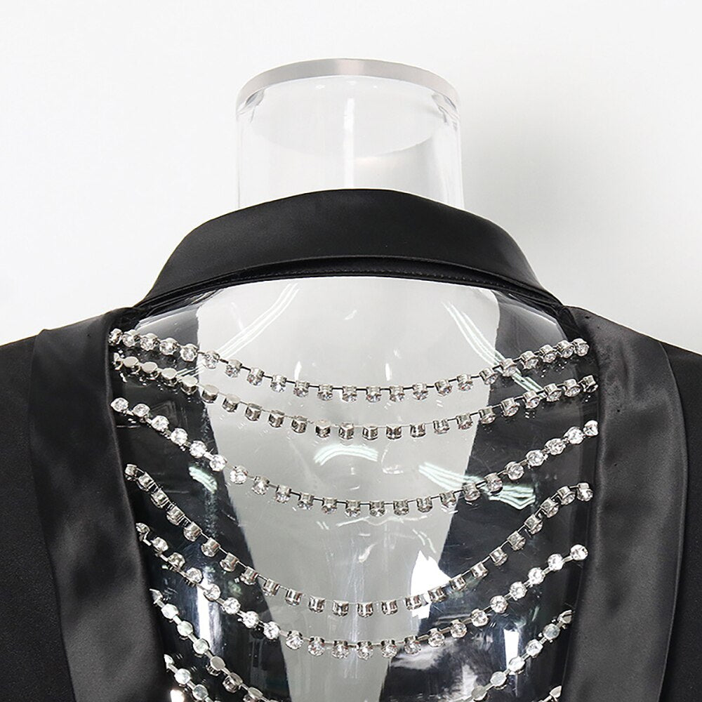 New Diamond Crystal Sexy Black Backless Female Mini Dress Long Sleeve Sexy V-Neck Slim Women Jackets Dress