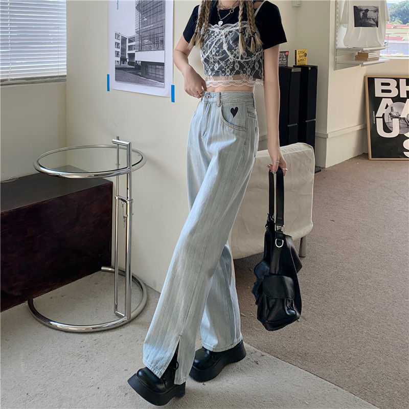 Ins Fashion Summer Split Jeans Women Harajuku Vertical Stripe Denim Trousers Ladies High Waist Heart Design Vintage All-match BF