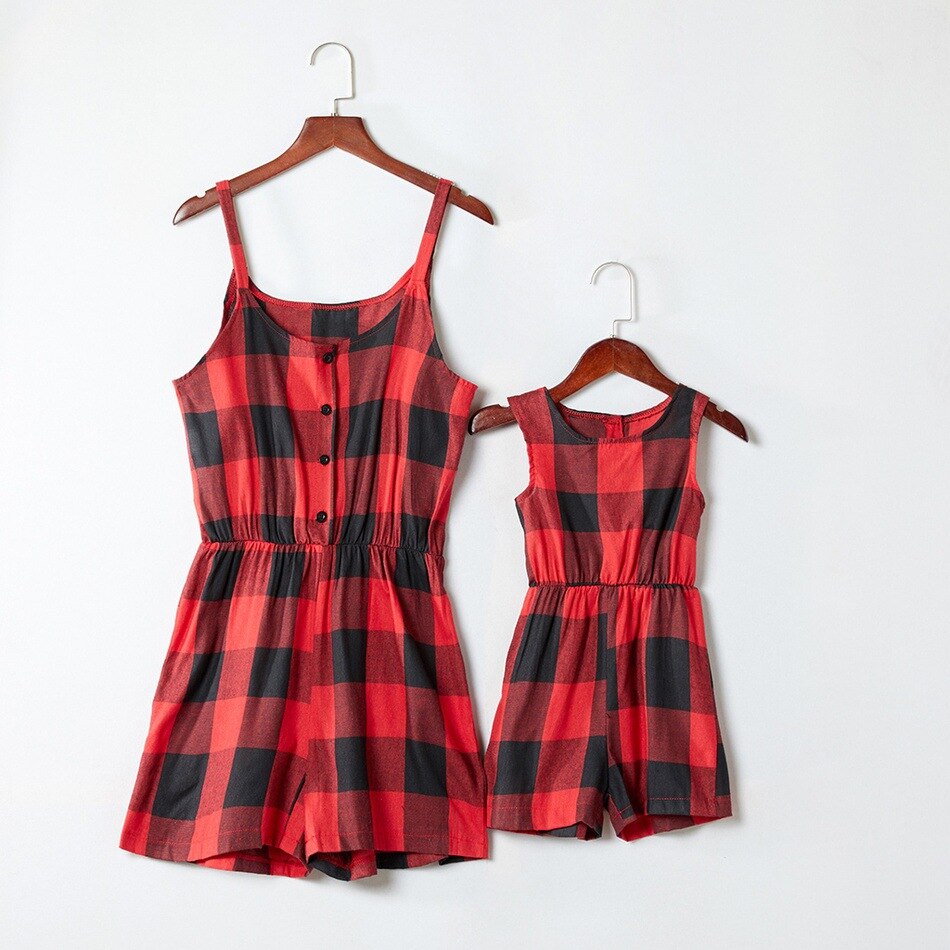 Mother and Daughter Clothes Plaid Sleeveless Mom Daughter Jumpsuits Fashion Mommy and Me Clothes