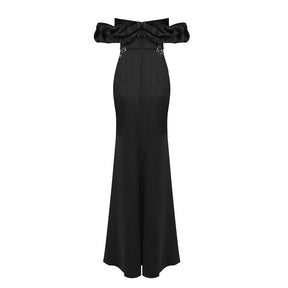 Design Short Sleeves V-neck Front Slit Off-the-shoulder Beaded Floor Length Black Long Satin Dress
